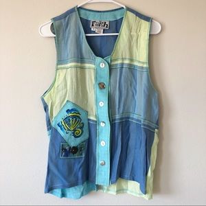 Unique Vintage Yellow and Blue Sea Shell Blouse